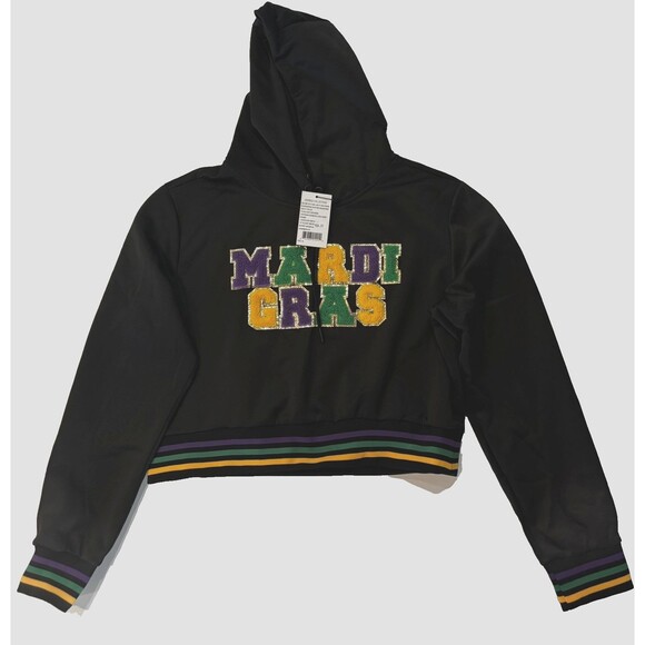 Women’s Mardi Gras Hoodie XL Black Long Sleeve Cropped Sweatshirt NWT - Picture 1 of 11